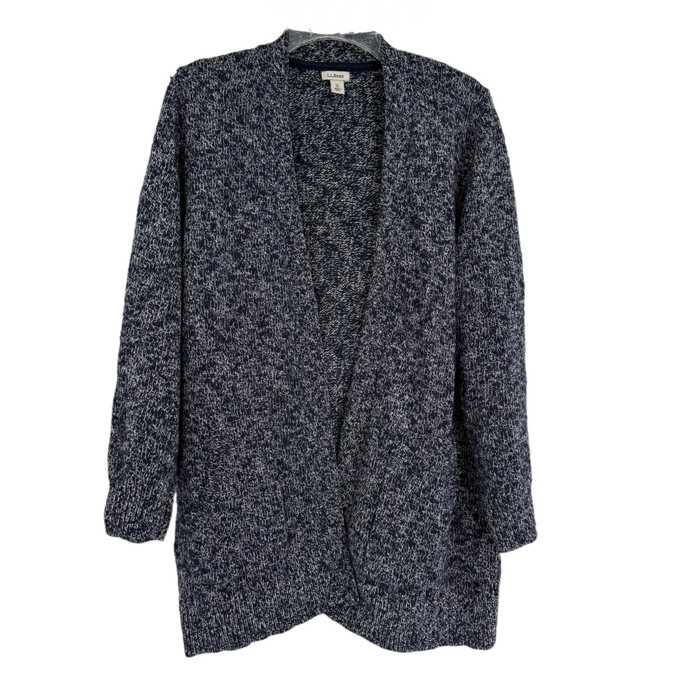 LL Bean Womens Cotton Ragg Sweater Open Front Long Cardigan Blue Size XL